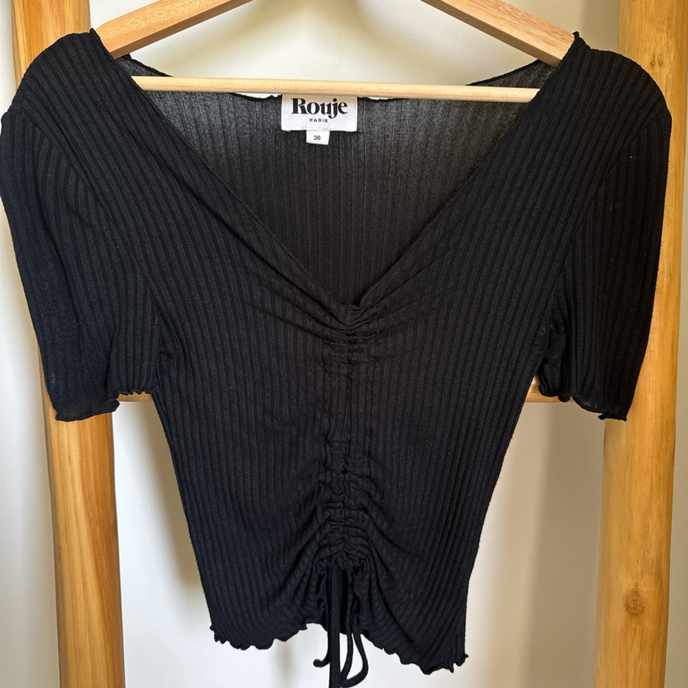 Rouje Black Ribbed Ruched Blouse